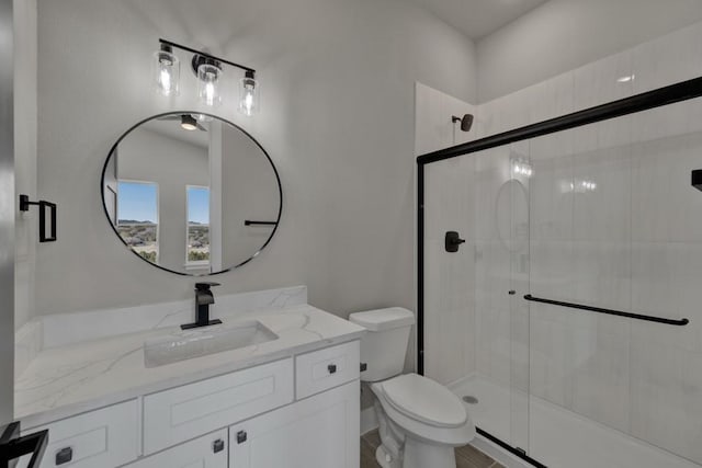 bathroom featuring vanity, toilet, and an enclosed shower