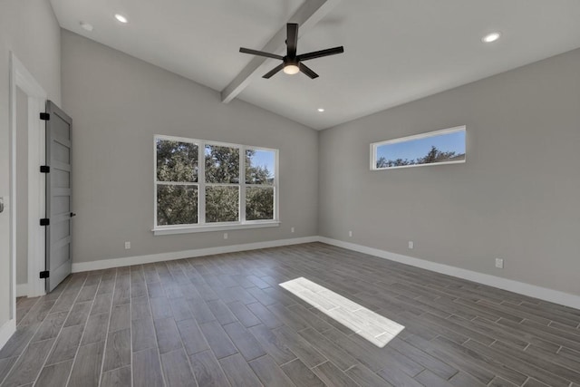 empty room with vaulted ceiling with beams and ceiling fan