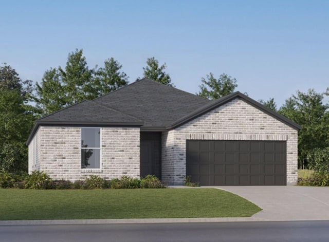 ranch-style home featuring a garage and a front lawn