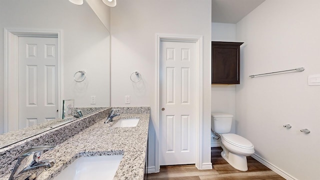 bathroom with vanity, wood-type flooring, and toilet