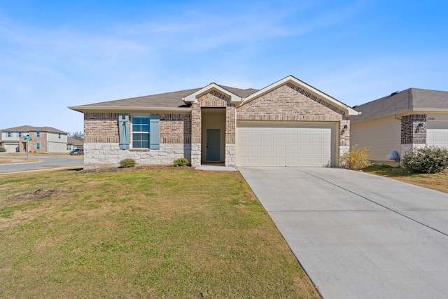 single story home featuring a garage and a front yard