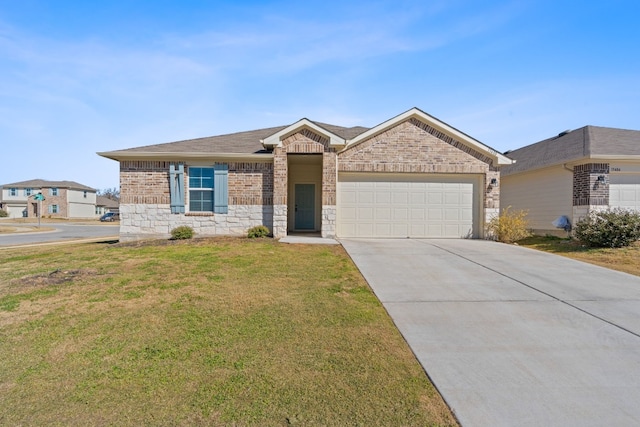 view of front of house with a garage, brick siding, a shingled roof, concrete driveway, and a front yard