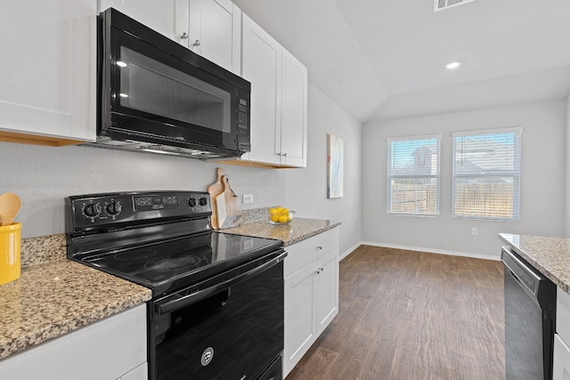 kitchen featuring light stone countertops, black appliances, white cabinetry, and dark wood-type flooring