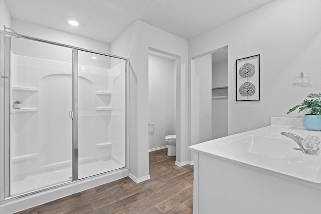 bathroom featuring baseboards, toilet, wood finished floors, a shower stall, and a sink