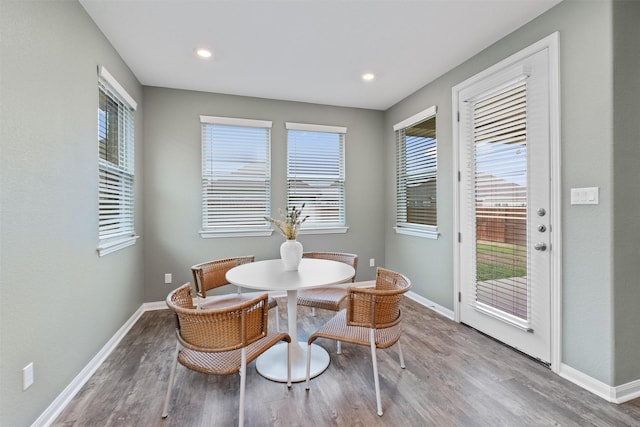 dining space with hardwood / wood-style flooring