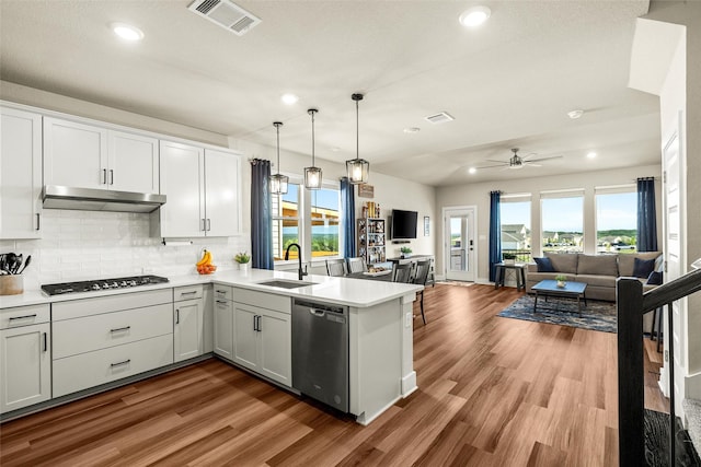 kitchen with sink, white cabinetry, appliances with stainless steel finishes, kitchen peninsula, and hardwood / wood-style floors