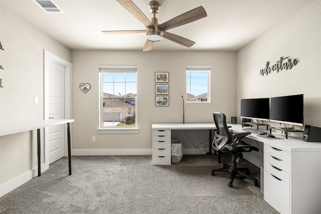 office area with carpet flooring and ceiling fan