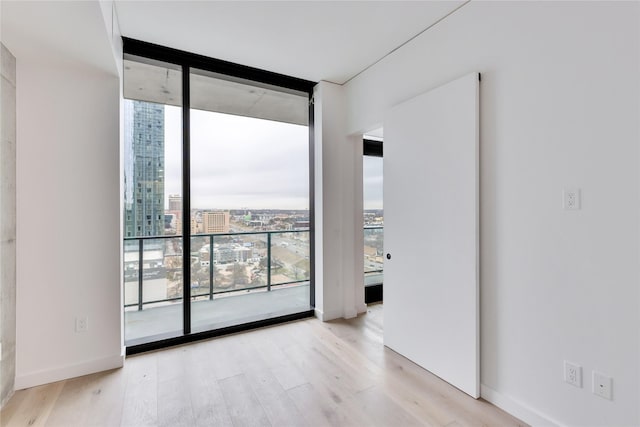 empty room with a wall of windows and light wood-type flooring