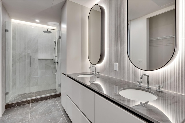 bathroom featuring vanity and a shower with shower door