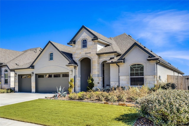 french country style house featuring a garage and a front yard