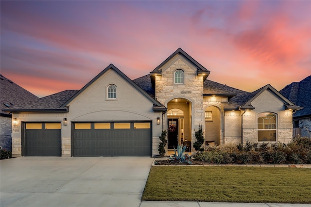 french country inspired facade featuring a garage and a yard