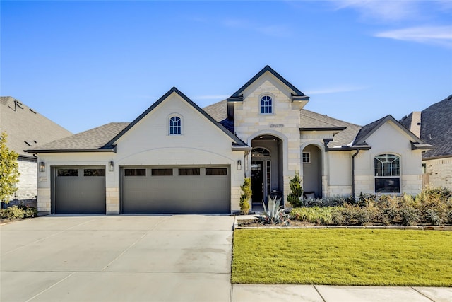 french country inspired facade featuring a garage and a front yard