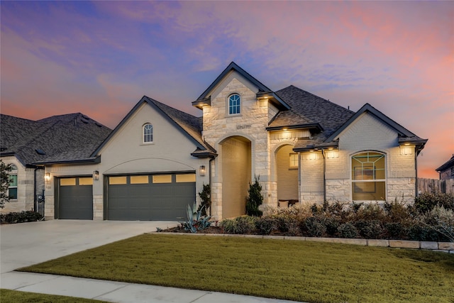 french country inspired facade featuring a yard and a garage