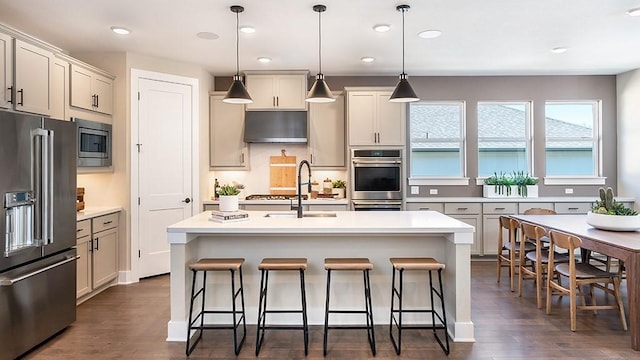 kitchen featuring stainless steel appliances, hanging light fixtures, a kitchen island with sink, and dark hardwood / wood-style floors