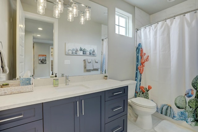 bathroom with vanity, toilet, and a shower with shower curtain