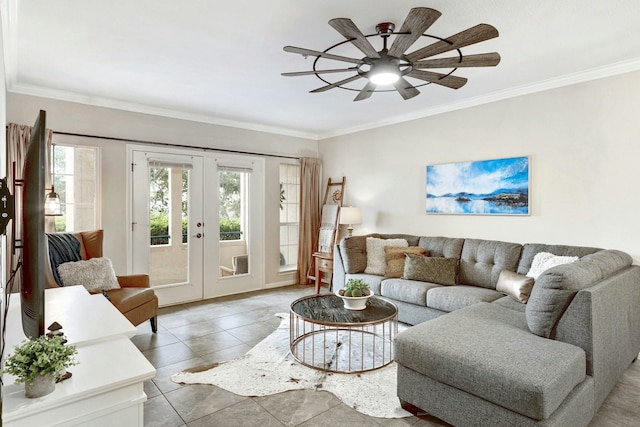 living room featuring crown molding, tile patterned floors, french doors, and ceiling fan