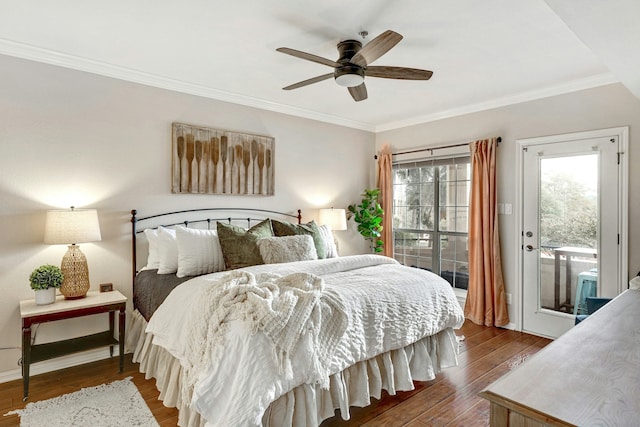 bedroom featuring dark hardwood / wood-style floors, ceiling fan, ornamental molding, and access to exterior