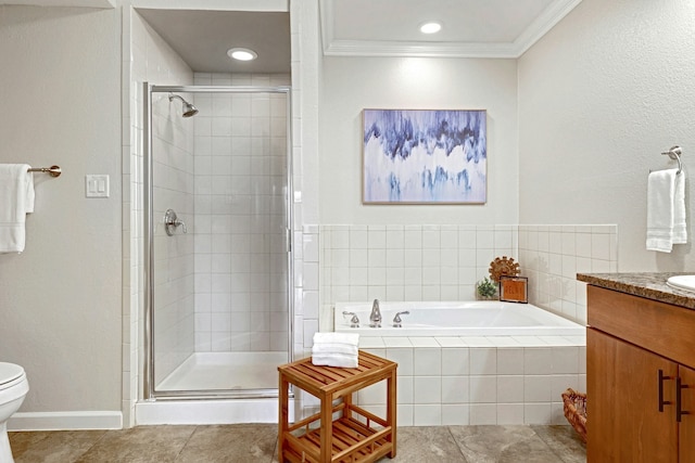 full bathroom featuring crown molding, separate shower and tub, vanity, tile patterned floors, and toilet