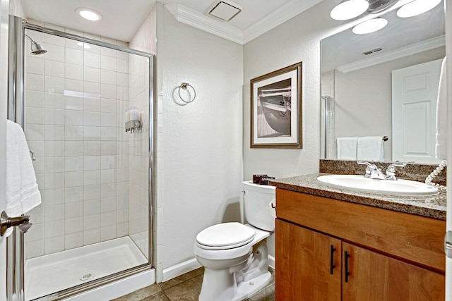 bathroom featuring tile patterned floors, ornamental molding, toilet, and vanity