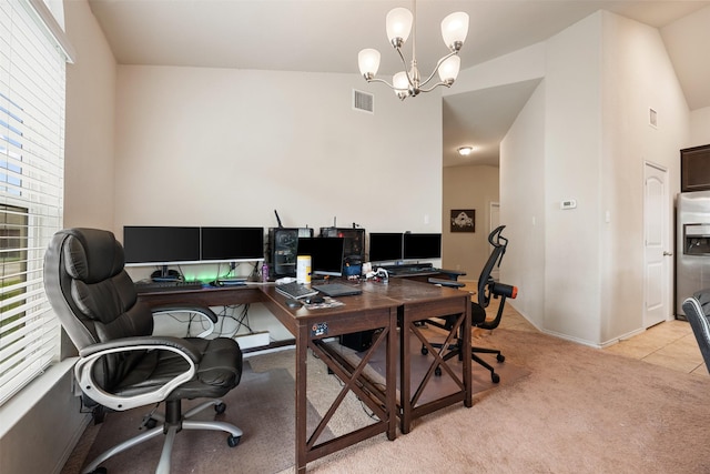 office with an inviting chandelier, light colored carpet, and lofted ceiling