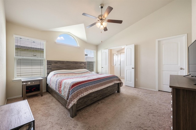 bedroom with lofted ceiling, light colored carpet, and ceiling fan