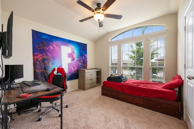 carpeted bedroom with lofted ceiling and ceiling fan