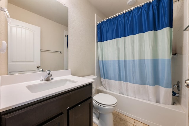 full bathroom featuring shower / bath combination with curtain, vanity, toilet, and tile patterned flooring