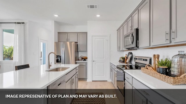 kitchen featuring gray cabinetry, sink, a kitchen island with sink, and stainless steel appliances