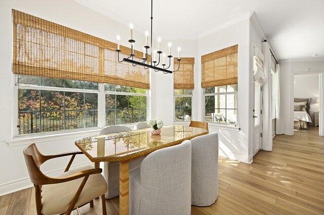 dining room with crown molding, a wealth of natural light, an inviting chandelier, and light hardwood / wood-style flooring