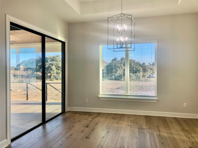 unfurnished dining area featuring hardwood / wood-style floors and a notable chandelier