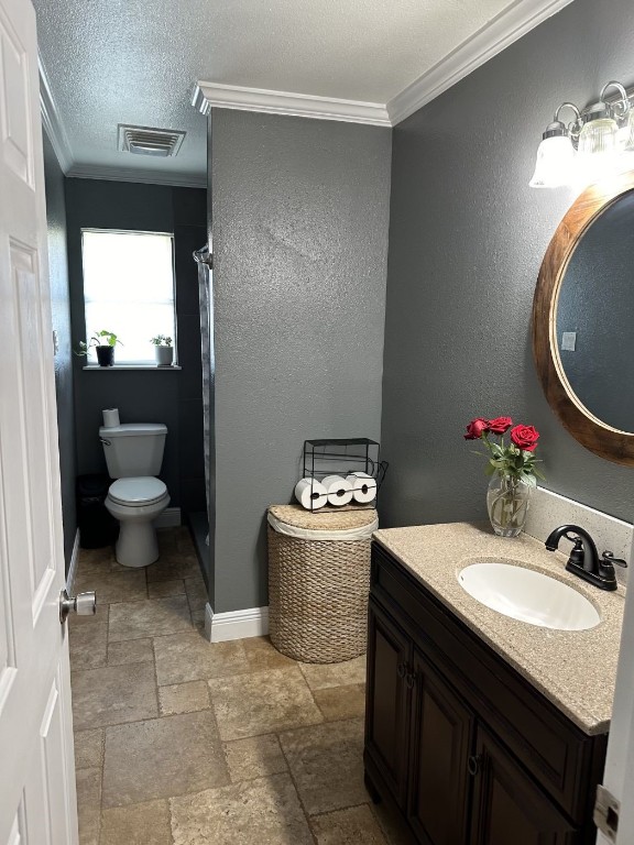 bathroom with vanity, a textured ceiling, ornamental molding, and toilet