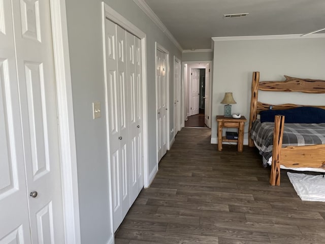 bedroom with crown molding, dark wood-type flooring, and multiple closets