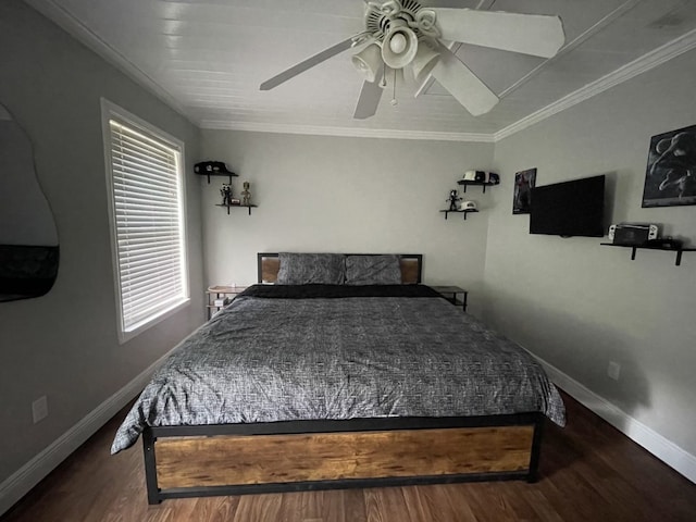 bedroom with multiple windows, crown molding, wood-type flooring, and ceiling fan