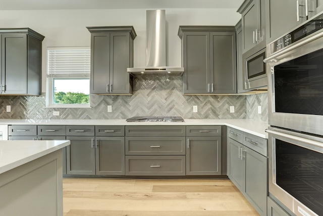 kitchen featuring tasteful backsplash, stainless steel appliances, gray cabinets, and wall chimney range hood