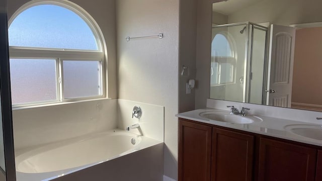 bathroom featuring vanity and independent shower and bath