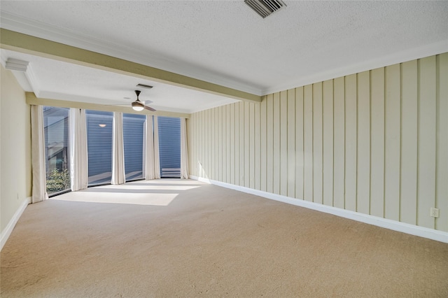 carpeted spare room with crown molding and a textured ceiling