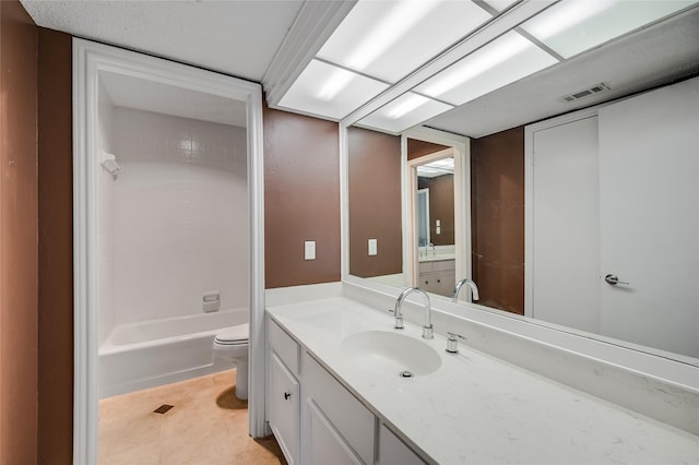 full bathroom with vanity, toilet, bathing tub / shower combination, and tile patterned flooring