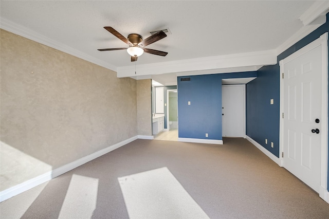 unfurnished bedroom featuring connected bathroom, crown molding, ceiling fan, and carpet