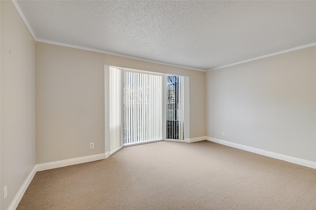 spare room featuring ornamental molding, carpet flooring, and a textured ceiling