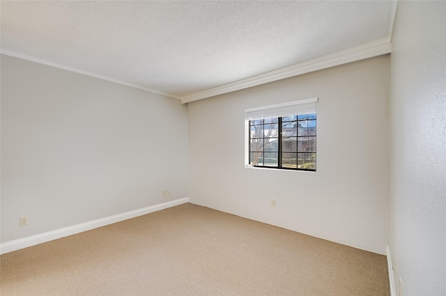 empty room with ornamental molding, carpet flooring, and a textured ceiling