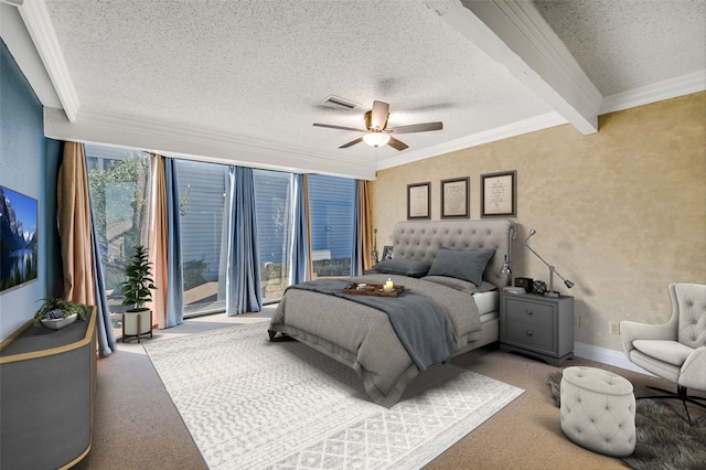 carpeted bedroom featuring beam ceiling, ornamental molding, a textured ceiling, and ceiling fan