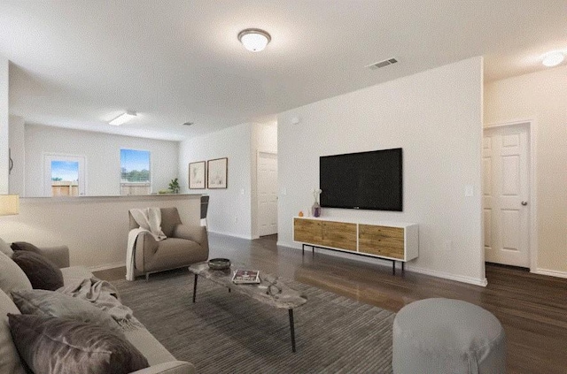 living room featuring dark wood-type flooring