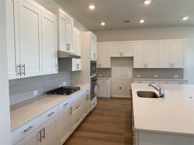 kitchen with stainless steel appliances, under cabinet range hood, a sink, and white cabinetry
