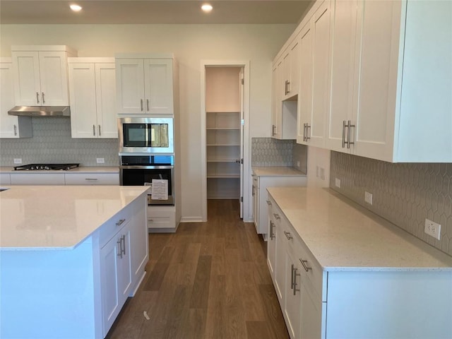 kitchen featuring backsplash, under cabinet range hood, stainless steel appliances, and recessed lighting