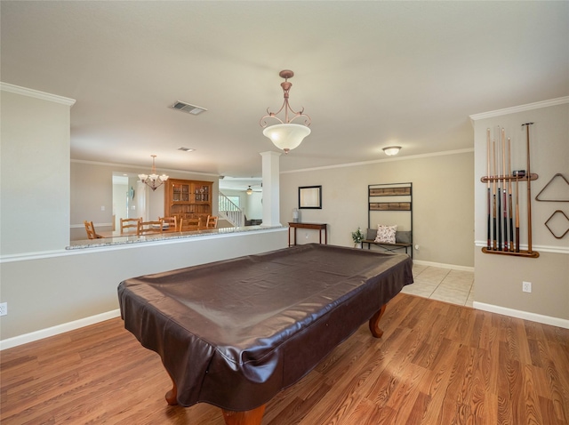 playroom with crown molding, pool table, and light wood-type flooring