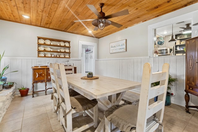 dining space with wood ceiling, ceiling fan, and light tile patterned floors