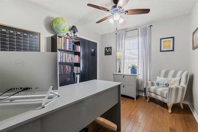 office with ceiling fan and light hardwood / wood-style floors