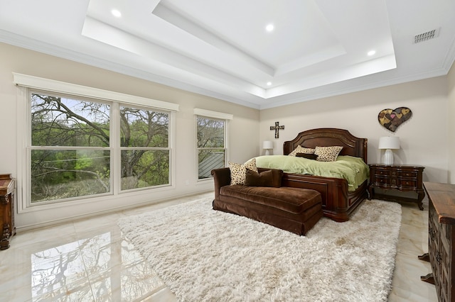 bedroom featuring multiple windows and a tray ceiling