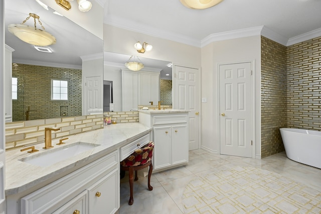 bathroom featuring crown molding, brick wall, a bath, and backsplash