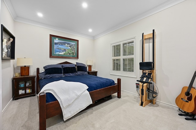 bedroom with light colored carpet and ornamental molding